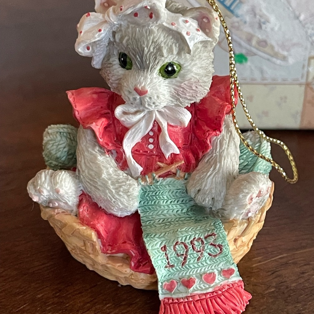 Calico kitten by Pricilla Hillman Charming Cat Ornament with Red Dress